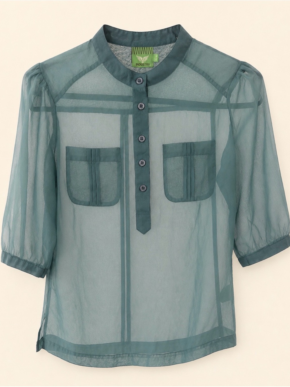 Sheer Teal Sheer Blouse with Front Pockets - INDUSTRY